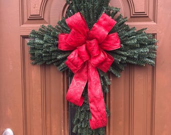 Xmas Evergreen Cross, Christmas Cross for Door, Christmas Door Cross, Xmas Door Cross, Xmas Door Decor, Red Bow Cross, Simple Xmas Cross