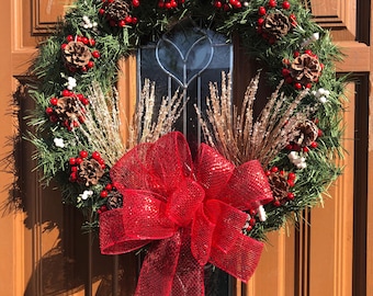 Xmas Evergreen Wreath, Holly Berry Wreath with Lights, Xmas Berry with Lights, Red Berry Wreath, Christmas Berry Wreath, Xmas Lit Wreath
