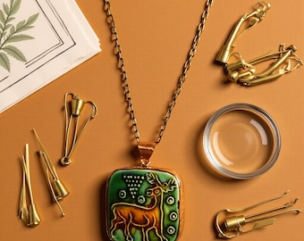 Bronze Deer Necklace: Hand-Painted Ceramic Tile Pendant