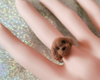 Brown Poodle Ring / Fluffy Plush Puppy Mini Toy Poodle Jewelry / Dog Mom Fur Mama Gift / Pet Owner Doggy Lovers Accessories / Portrait GD244