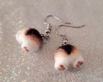 Tricolor Corgi Butt Dangle Earrings / Fluffy Plush Pembroke Welsh Corgi Puppy Kawaii Jewelry / Funny Cute Paw Pet Owner Dog Mom Gifts GD268
