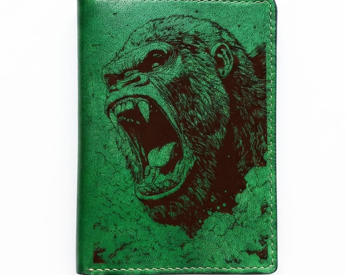 Gorilla engrave leather travel wallet, Africa Animals passport case - 260226