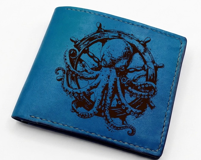 Octopus kraken steering wheel genuine leather wallet, seafarer custom present - 200226