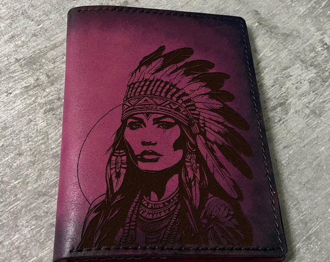 Handmade Leather Passport Wallet: Native American Indian Girl Art
