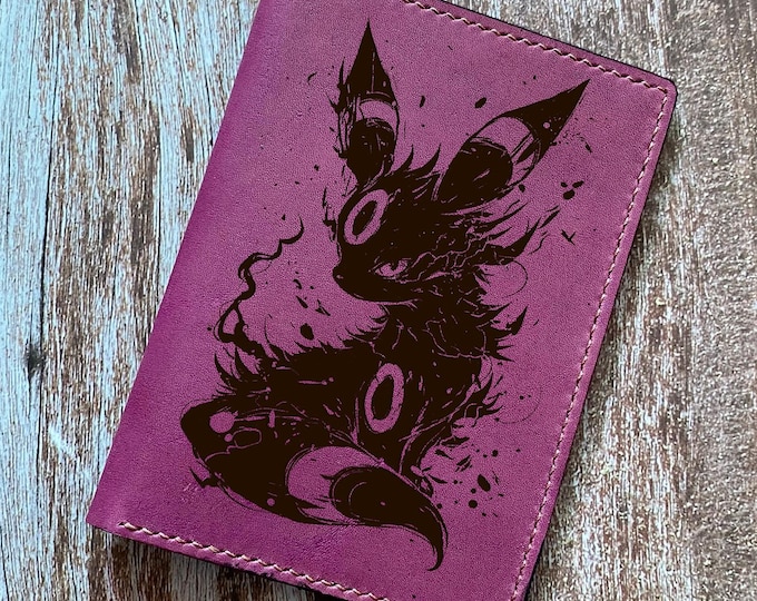 Umbreon engrave leather wallet, pokemon passport cover, personalized travel gift