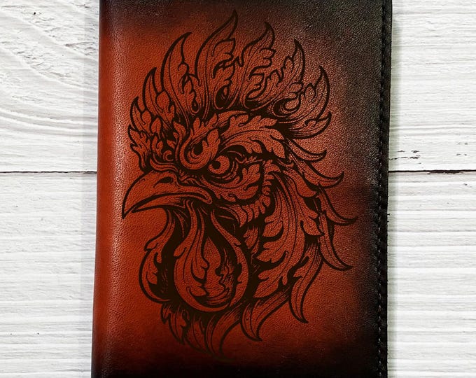 Genuine Leather Passport Wallet: Rooster Design, custom engraving, Travel Holder