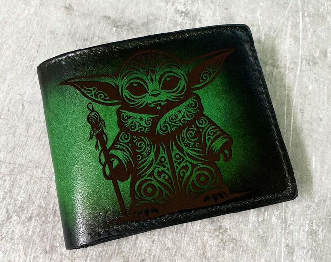 Handmade Leather Wallet, Custom Star Wars Baby Yoda Gift
