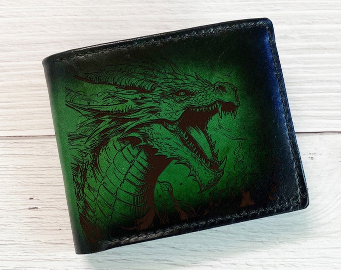 Engraved Dragon Leather Wallet, Custom Anniversary Gift