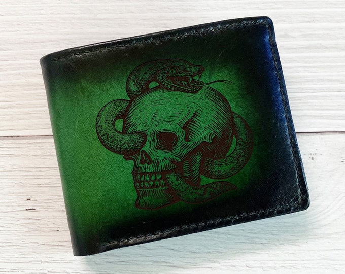 Handmade Leather Wallet, Horror Snake Skull Art, Custom Men's Gift