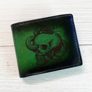 Snake pattern leather handmade wallet, horror snake skull art present, human skull with snake leather gift ideas, custom gift for men