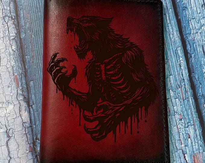 Engraved Werewolf Leather Wallet: Handcrafted Bifold Passport Wallet