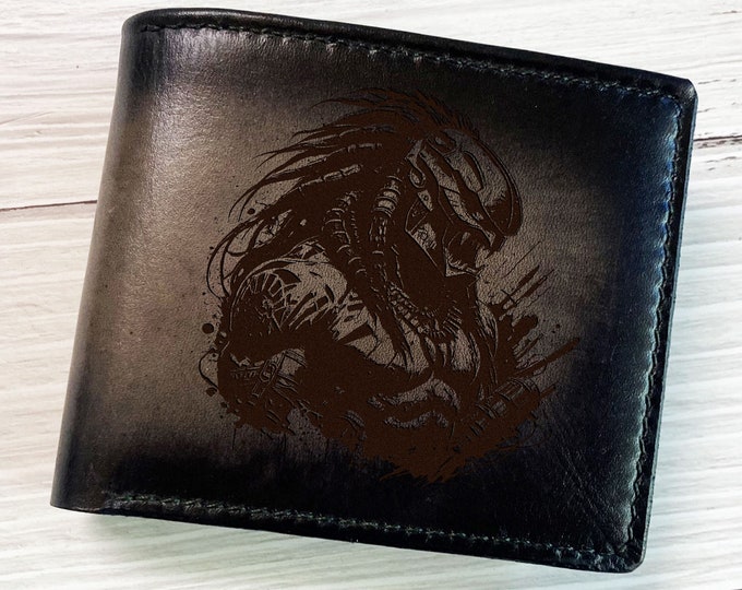 Predator Leather Wallet, Custom Engraved, Horror Alien Gift - set 100826