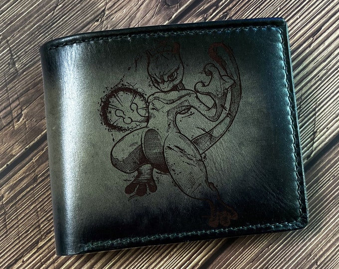 Mew Two art wallet, customized leather men's wallet, pokemon leather gift ideas, wallet for boyfriend, husband, birthday gift for kid