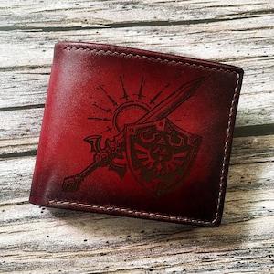 Zelda Shield Leder Geldbörse, Legend Zelda Leder Geschenkideen, Zelda Geldbörse für ihn, maßgeschneidertes Geschenk für Freund, Geldbörse für Kind
