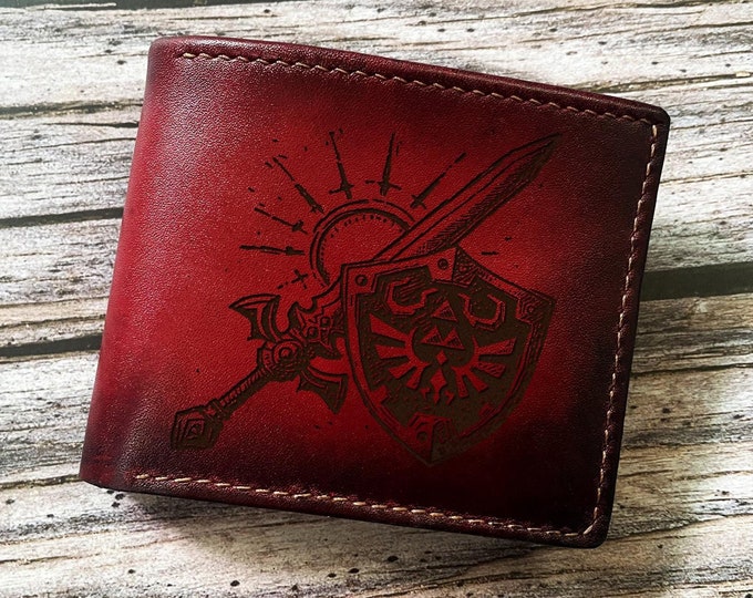 Handmade Zelda Shield Leather Wallet: Engraved Legend Gift
