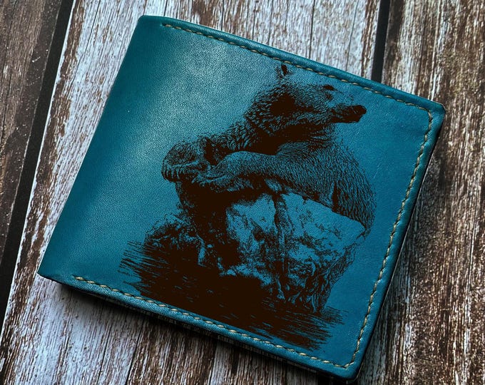 Polar Bear Sketch Leather Bifold Wallet, Genuine Handmade Animal Wallet