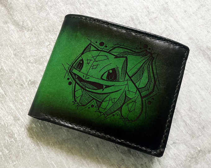 Handmade Bulbasaur Leather Wallet, Pokemon Art Gift