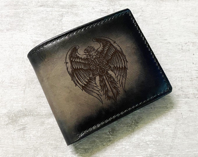 Engraved Eagle Leather Bifold Wallet, Customized Gift for Men