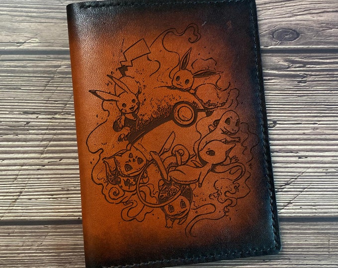 Handmade Pokemon Leather Wallet, Anime Gift, Custom Engraving