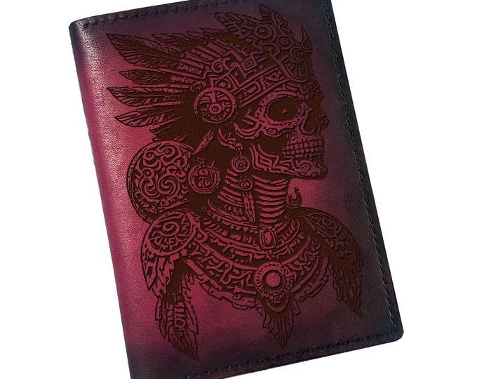 Engraved Leather Passport Wallet, Maya Inca Death God, Custom Travel Wallet