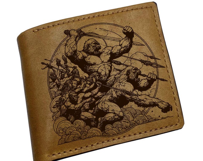 Genuine Leather Wallet, Gorillas Fighting Pattern, Personalized Gift for Him