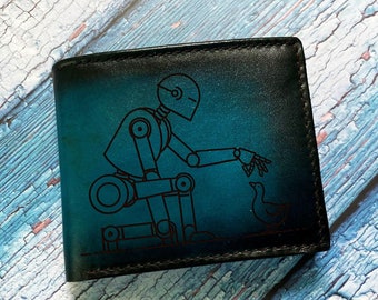 Engraved Leather Bifold Wallet, Robot Design