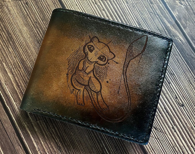 Handmade Mew Pokemon Leather Wallet, Engraved Art Gift