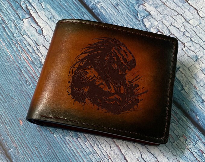 Predator Leather Wallet, Custom Engraved, Horror Alien Gift