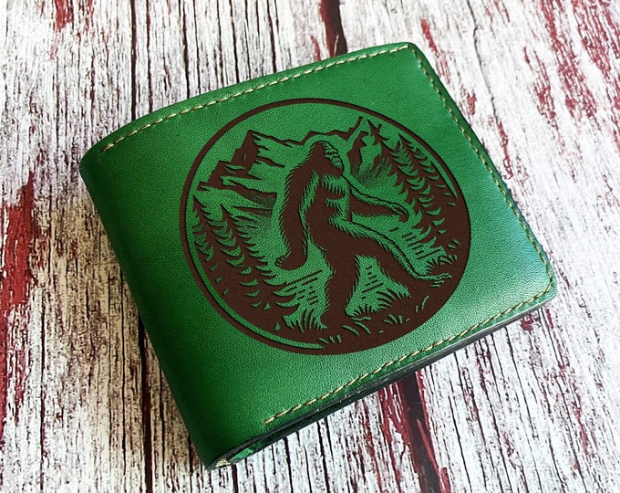 Bigfoot Leather Wallet, Sasquatch Gift, Personalized Wallet