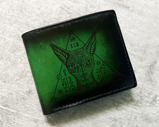 Engraved Leather Wallet, Egypt Cat Pentacle, Custom Men's Gift