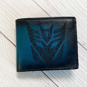 Decepticon logo leather men&#39;s wallet, Cybertron supervillains symbol wallet, leather gift ideas for men, robot android wallet for husband