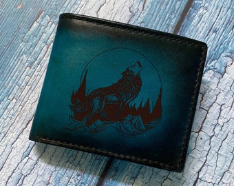Carteira masculina de couro legítimo Wolf, ideia de presente personalizada em couro com gravação, presente de espírito animal para homens, carteira de couro predador para meninos