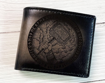 Thor Hammer Leather Wallet, Viking Celtic Art, Personalized Gift