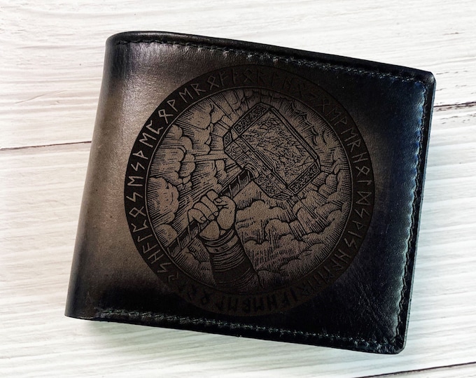Thor Hammer Leather Wallet, Viking Celtic Art, Personalized Gift