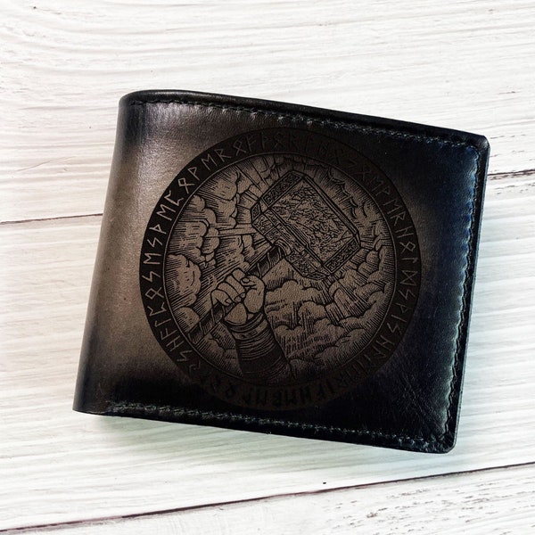 Thor Hammer Leather Wallet, Viking Celtic Art, Personalized Gift