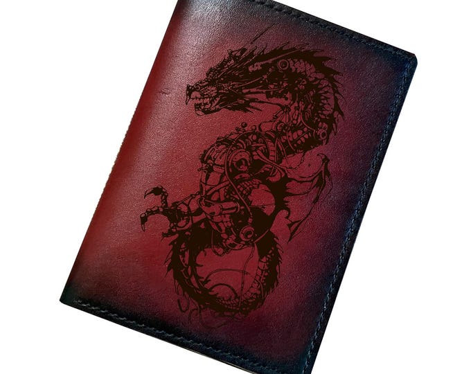 Mechanic dragon passport wallet, custom name engrave leather wallet, travel gift ideas for family
