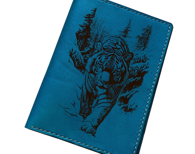 Custom Engraved Leather Passport Wallet, Tiger Travel Bifold, Minimalist Holder