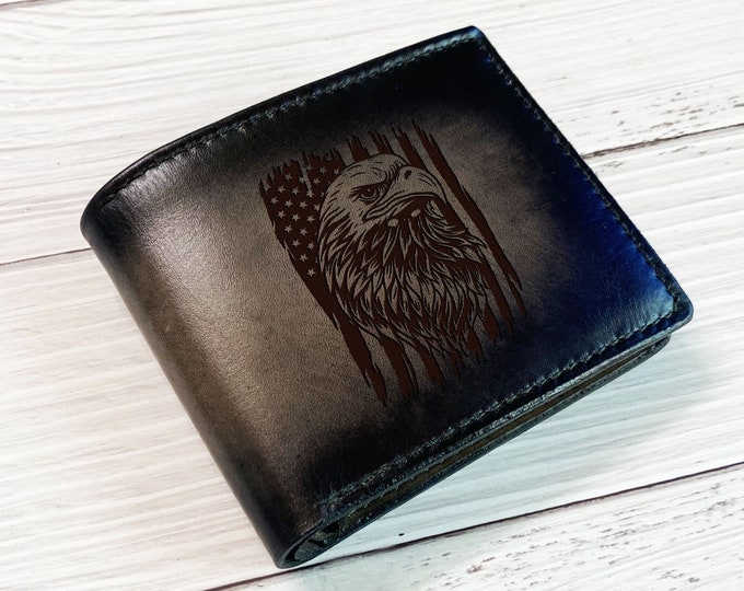 Eagle USA Flag Leather Wallet, Patriotic Gift for Men