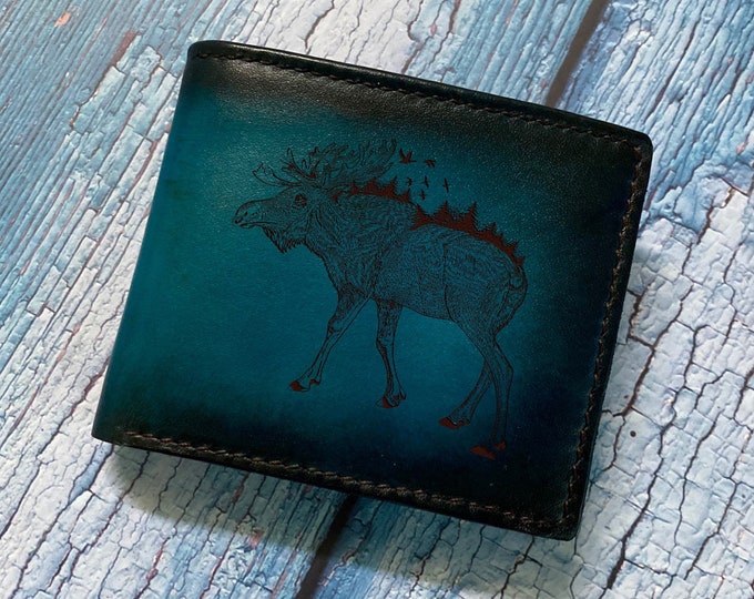 Handmade Leather Wallet: Moose Drawing, Forest Animal Pattern