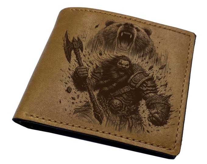 Viking warrior bear custom wallet, genuine leather wallet, nordic style gift for men