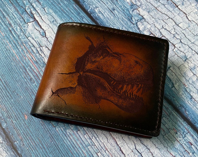 Engraved T-Rex Leather Wallet, Custom Dinosaur Wallet for Men