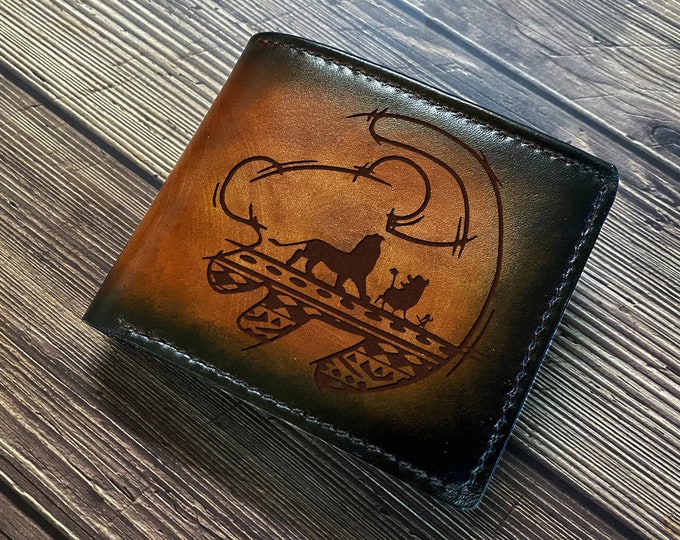 Lion King Leather Bifold Wallet, Engraved Gift for Men