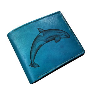 Delphin Zeichnung Leder zweifache Brieftasche, Delphin Kunst Geschenk, Delphin kleines Geschenk für sie, Brieftasche im Ozean-Stil, Geburtstags-Jubiläumsgeschenk