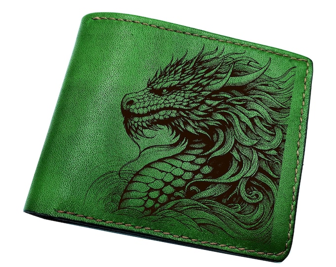 Dragon head engrave leather wallet, fullgrain leather wallet, custom gift for dad