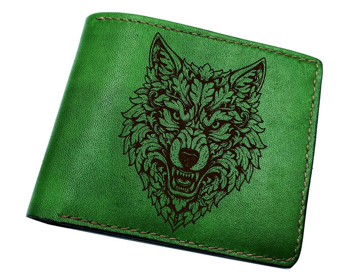 Wolf floral engrave bifold genuine leather wallet, personalized wallet with coin pocket ID card slot