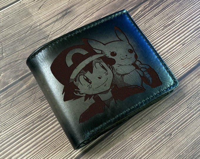Handmade Leather Pikachu Wallet, Ash Pokemon Design, Gift for Him