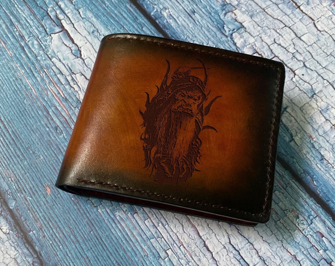 Personalized Leather Wallet, Orc Wizard Engraved, Gamer Gift