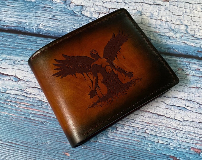 Handmade Leather Angel Wallet, Custom Engraved Gift for Men