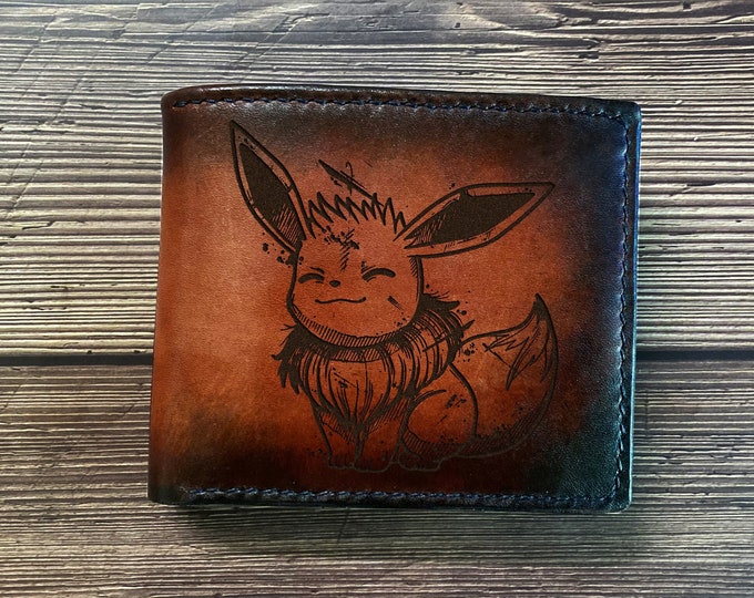 Handmade Eevee Pokemon Leather Wallet, Custom Engraved Bifold