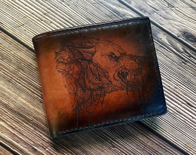 Custom Leather Bifold Wallet: Wolf Animal Pattern, ID Card Slot